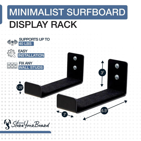 Minimalist Surfboard Wall Mount Rack With Felt Padded Arms Heavy Duty Surf Storage Solution For Garage Or Apartment with dimensions.