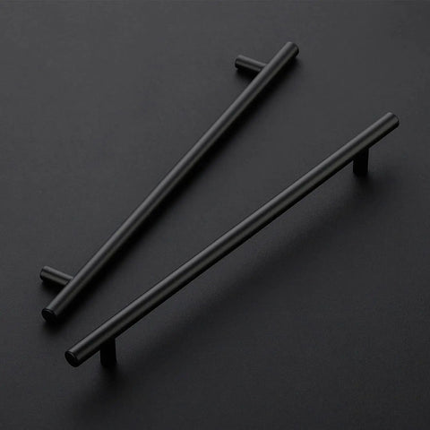 Front view of Five Pack 10 Inch Matte Black Cabinet Handles For Kitchen Cabinets And Dresser Drawers, Stainless Steel Pulls