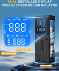 Grab-and-Go Portable Tire Inflator Air Compressor Cordless Pump, 150 PSI High Speed with dual LED display on platform.