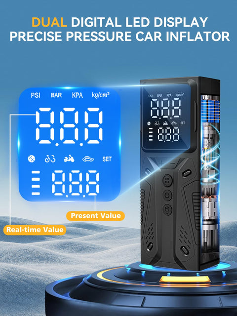 Grab-and-Go Portable Tire Inflator Air Compressor Cordless Pump, 150 PSI High Speed with dual LED display on platform.