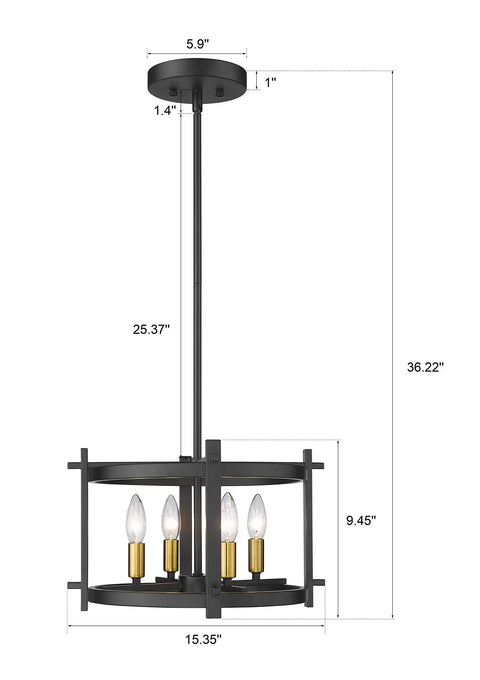 Round Semi Flush Mount Ceiling Light In Black Finish For Living Room Bedroom Kitchen And Hallway, Ultra Sleek Dope Chandelier With E12 Base, UL Listed, No Bulbs Included, side view with measurements