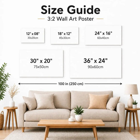 Size guide for canvas posters above a sofa, showing dimensions including 30x20 inches example for Vintage Steam Train Wall Art Framed Canvas 20x30 Inches Black and White Photo for Living Room Office Study Library Rustic Home Decor Ready to Hang Classic Retro Vibe Elevates Any Space.