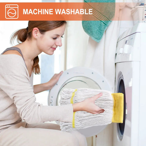 Woman placing Heavy Duty Commercial Wet Mop With Long 60 Inch Stainless Steel Handle, Looped End Cotton Mop Heads in a washing machine