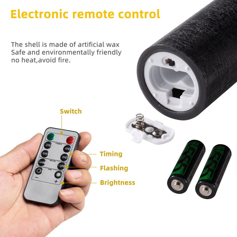 Close-up of remote and batteries for Set Of 9 Black Textured Flameless LED Real Wax Pillar Candles With Remote Control And Timer
