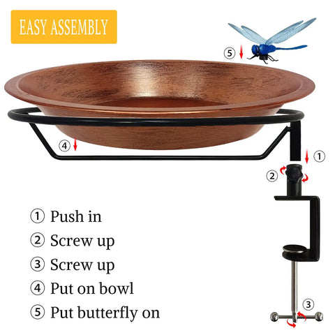Heavy Duty Iron Bird Bath For Railing And Balcony Deck with easy assembly instructions and detailed bowl mounting.