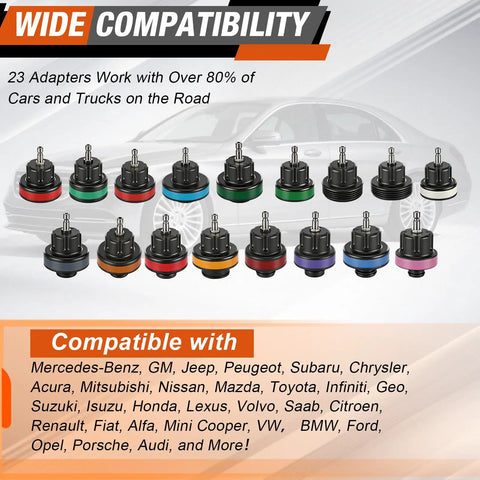 Hella Reliable Garage Ready Coolant Pressure Tester Kit And Vacuum Refill Tool Set With 31 Pieces including 23 color-coded adapters.