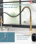 Brushed Gold Kitchen Faucet With Soap Dispenser, Single-Handle Spring Pull-Out And Pull-Down Sprayer in modern kitchen.