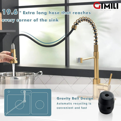 Brushed Gold Kitchen Faucet With Soap Dispenser, Single-Handle Spring Pull-Out And Pull-Down Sprayer in modern kitchen.