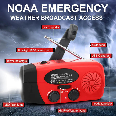 Emergency Weather Radio With AM FM NOAA Reception Hand Crank Power LED Flashlight Portable Camping And Emergency Prep