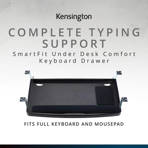 Slick Under Desk Keyboard Tray With Smooth Roll Slide Out Drawer Plus No Sweat Height Adjustments For Serious Typing Comfort And Built In Cable Clutter Control And Roomy Surface For Mice And Large Keyboards, featuring a spacious design for full keyboard and mousepad.