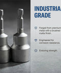 Two Piece Backup RV Jack Socket Drill Adapter With One Quarter Inch Quick Connect Hex Shank Compatible With Three Quarter Inch Or Nineteen Millimeter Hex Drive Jacks Premium Durable Material For Easy RV Leveling At Campsites Or On The Road shown in industrial-grade metal with 19mm marking.