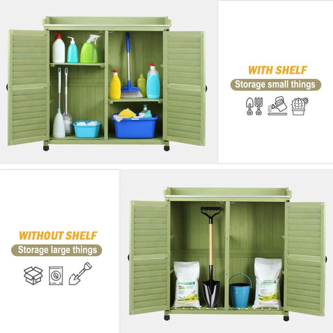 Green garden storage cabinet showing two configurations for organizing tools and supplies, part of an Outdoor Potting Bench With Metal Work Top And Cedar Wood Build, Waterproof Garden Storage Cabinet And Tool Station For Backyard Patio Lawn, 38 Inch By 18 Inch Work Surface, Backyard Must Have All In One Yard Organizer.