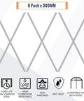 Diagram showing 6 packs of 300mm long SS304 stainless steel rods with icons indicating features like rust resistance and chamfered ends.