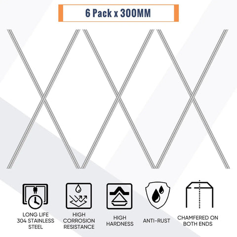 Diagram showing 6 packs of 300mm long SS304 stainless steel rods with icons indicating features like rust resistance and chamfered ends.