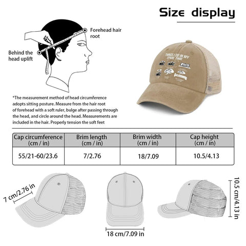 Funny Spare Time RV Camper Hat For Him Outdoor Cap With Adjustable Strap, detailed size chart shown for accurate fit