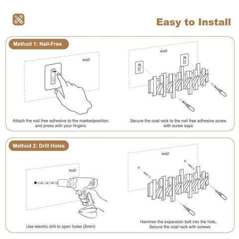 Installation instructions for Dope Solid Wood Wall Mounted Coat Rack With Six Flip Down Hooks, showing nail-free and drill methods.