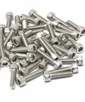 Premium Grade Fifty Pack 304 Stainless Steel Hex Socket Head Cap Screws 10 24 X Three Quarter Inch in a pile on white background.