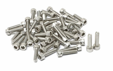 Premium Grade Fifty Pack 304 Stainless Steel Hex Socket Head Cap Screws 10 24 X Three Quarter Inch in a pile on white background.