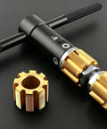 Bottom Bracket Tapping Tool Set For Bike Frames, Pro Grade Aluminum Alloy Taps 1.37x24 Right And Left Hand shown in gold and black color.