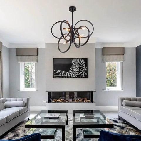 Contemporary Black Sputnik Chandelier Ceiling Light 6 Light Mid Century Geometric Circle Pendant in modern living room.