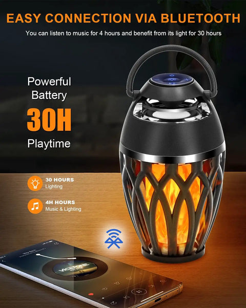 Close-up of Twin Pack Outdoor Bluetooth Flame Speaker with LED Torch, IPX5 Waterproof, Bluetooth 5.0, on a wooden table.