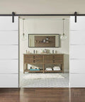 Double Barn Sliding Doors In Matte White 84 By 96 With Black Hardware 14 Ft Rails And Steel Hangers Modern Solid Core Closet Doors Ready To Install With Pre Drilled Holes Sleek And Durable in a living room setting.