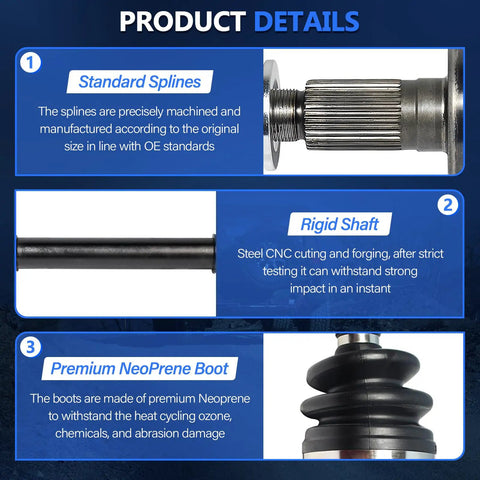 Front CV Axle Set For Kia Optima 2011 2012 2013 2014 2015 FWD Left And Right ABS Tone Ring Included 28 Inboard Spline 30 Outboard Spline Turbo Ready Replacement showing splines, steel shaft, and neoprene boot
