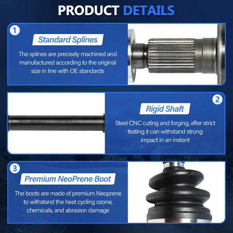 Product details of Front Left CV Axle For Honda Civic 2006 2007 2008 2009 2010 2011 Drop In Ready, Automatic Transmission FWD 1.8L L4 CV Joint Axle Shaft Assembly Driver Side Replacement showing standard splines, rigid shaft, and premium neoprene boot.