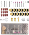 69 Piece Rotary Tool Accessories Kit with 1.0 1.6 2.3mm Chucks shown with discs, sanding heads, drums, and portable box