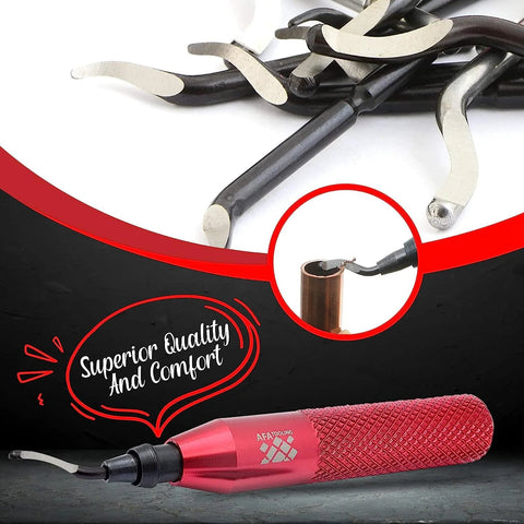 AFA Tooling deburring tool with red knurled handle and replaceable blades