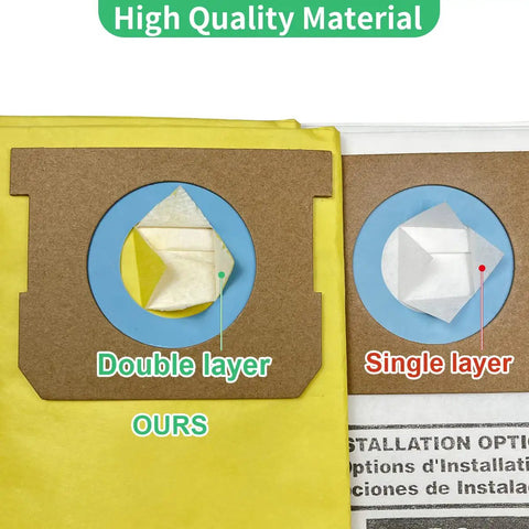 Comparison of double layer and single layer vacuum filter bags showing yellow Four Pack Pro Grade High Efficiency Disposable Vacuum Filter Bags For 10 To 14 Gallon Vacuums Type I 90672 Type F 90662 VF2005 Double Layer Reinforced Fine Dust Collection