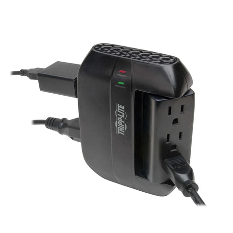 Six Outlet Pivoting Surge Protector Power Strip With Wall Mount Capability and three rotatable outlets in use, black finish