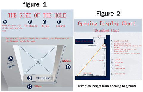 Diagram showing hole size and opening display chart for Slick Remote Controlled Attic Stairs With Rock Solid Handrails.