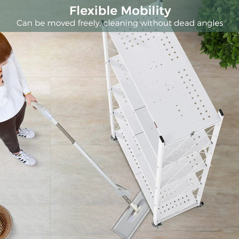 Five Shelf Folding Bookshelf With Wheels For Easy Go Anywhere Setup No Fuss Heavy Duty Freestanding Metal Wire Storage Rack For Living Room Office Kitchen Basement Pantry In White, side view on wheels