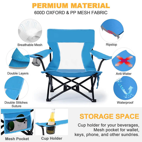 Heavy Duty Folding Beach Chair Set, 2 Pack For Outdoors, showing blue chair with cup holder, storage pocket, sturdy steel frame