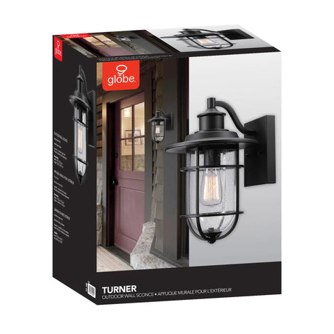 Outdoor Indoor Wall Sconce In Black Finish With Seeded Glass Shade, Coastal Modern Style, Weather Resistant, E26 Base, packaging.