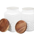 Premium Glass Canisters With Airtight Wood Lids And Wide Mouth Opening Perfect For Storing Coffee Beans Grains Cereal Spice Jars To Level Up Your Kitchen Pantry Vibes Dope Food Storage Set Of Two displayed with wooden lids beside the jars.