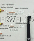 Image showing parts of Extra Long Alumina Ceramic TIG Welding Cup Set For WP9 Torches 10 Piece Kit displayed with labels.