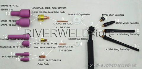 Extensive TIG Gas Lens Collet Bodies Kit For SR WP Series Weld Torch including various nozzles, collets, and back caps