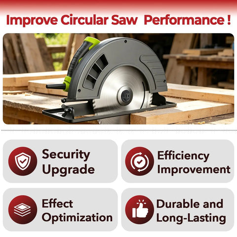 Circular saw on wooden table with text on improving performance, promoting the All In One Steel Outer Clamp Washer And Blade Bolt Kit.