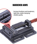 Close-up of hardened jaws of Heavy Duty Bench Vise for Woodworking Pros That Grips Tight Like Crazy For Pipe Cutting And Wood Projects.