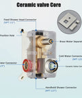 Ceramic valve core for 12 Inch LED Square Showerhead Kit with Handheld Spray, Brushed Nickel Finish, showing connections