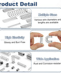 Stainless Steel Compression Springs Set, 50 PCS, 0.8mm Wire, 8mm OD, shown in various sizes and hands demonstrating flexibility.