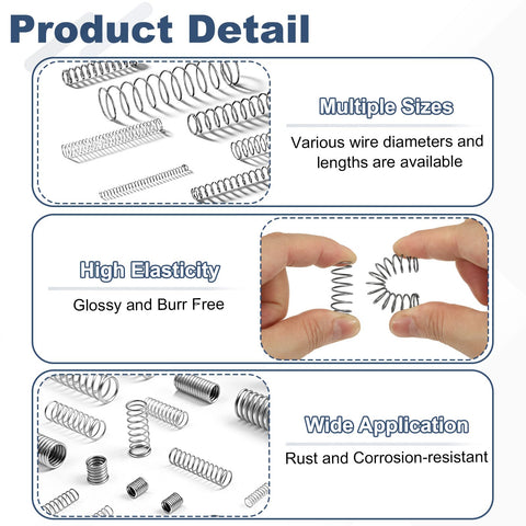 Stainless Steel Compression Springs Set, 50 PCS, 0.8mm Wire, 8mm OD, shown in various sizes and hands demonstrating flexibility.