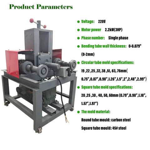 Heavy Duty 2.2KW Electric Pipe Bender For Stainless Steel Round Square Rectangular Tubing With 24 Cold Bending Molds Inlcuded Perfect For Construction And Decoration Projects High Power Motor with product parameters displayed.