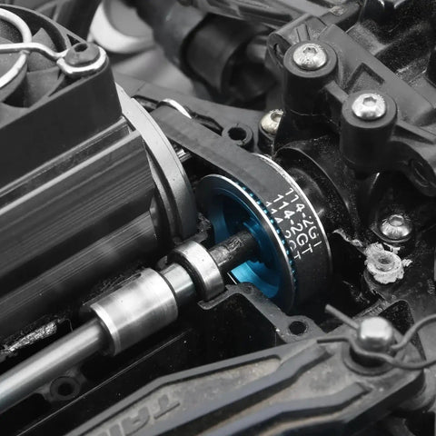Radio Control Car Transmission Upgrade Kit With Low Noise Belt Drive Conversion For TT02 1 To 10 Scale Radio Control Cars CNC Machined Gears System Durable High Precision Parts To Boost Power Transfer And Smooth Shifts, blue pulley close-up