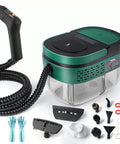 Hands Free Handheld Steam Cleaner With Handle Control One Point Six Liter Large Water Tank 3 Level Steam Output Thickened Hose Portable No Bending Easy To Use Pro Grade High Temp Steamer For Home Kitchen And Car Dark Green with accessories