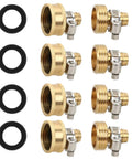 Solid Brass Garden Hose Repair Kit With 1/2 Inch Connectors, female and male fittings, stainless steel clamps, and gaskets.