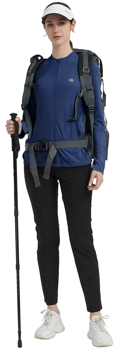 Woman wearing Womens Full Zip Outdoor Shirt With Long Sleeves UPF 50 Plus Sun Protection Quick Dry Fabric Lightweight Fishing Jacket Blue Size Large