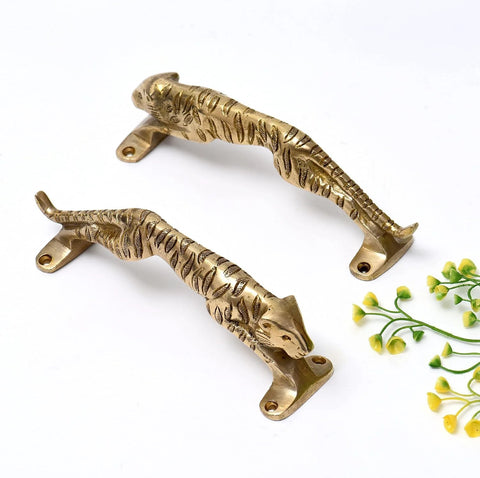 Vintage Style Interior Door Pull Handle 1 Piece in Antique Brass and Gold Finish depicting jaguar shape with plants nearby